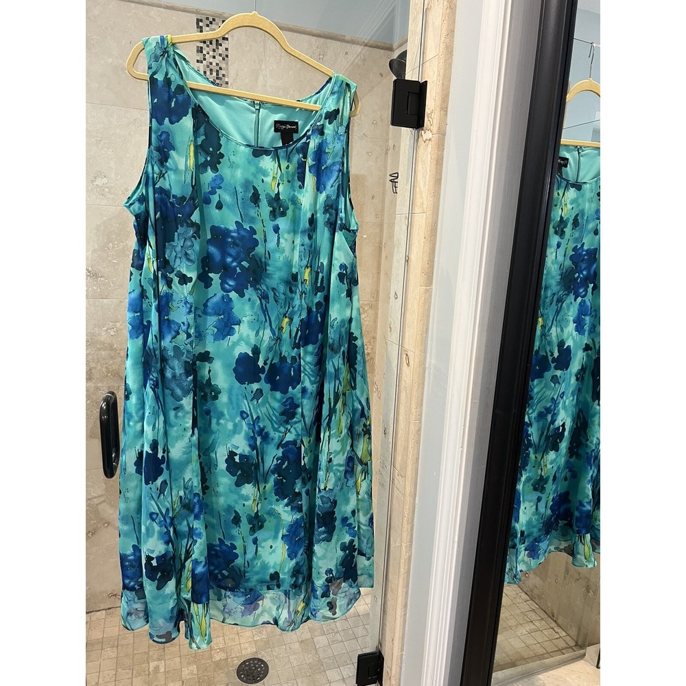 Maggie Barnes Plus Size 30W A-Line Dress Blue Green Watercolor Floral Midi